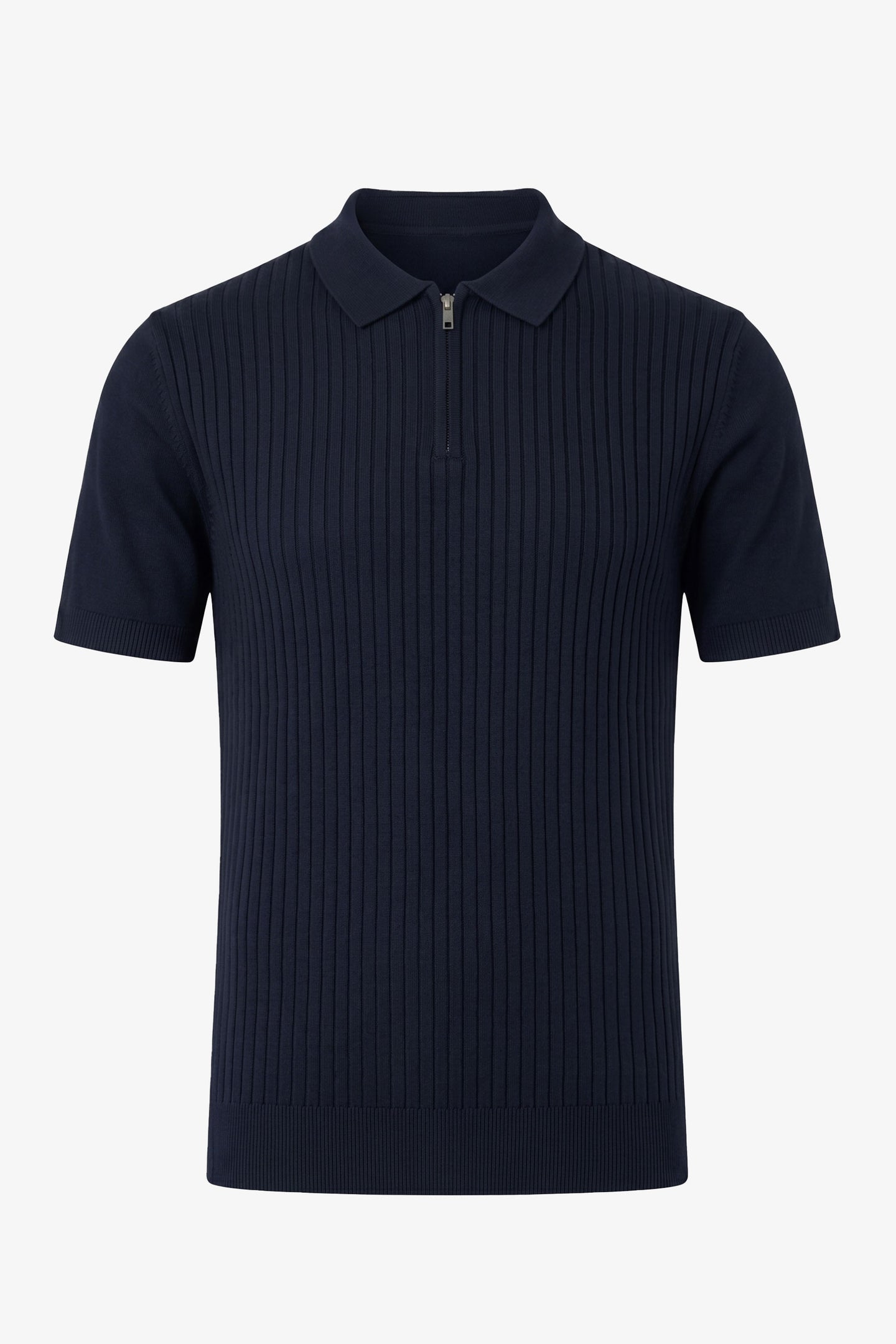 Navy Knitted Zip Polo Shirt for Men