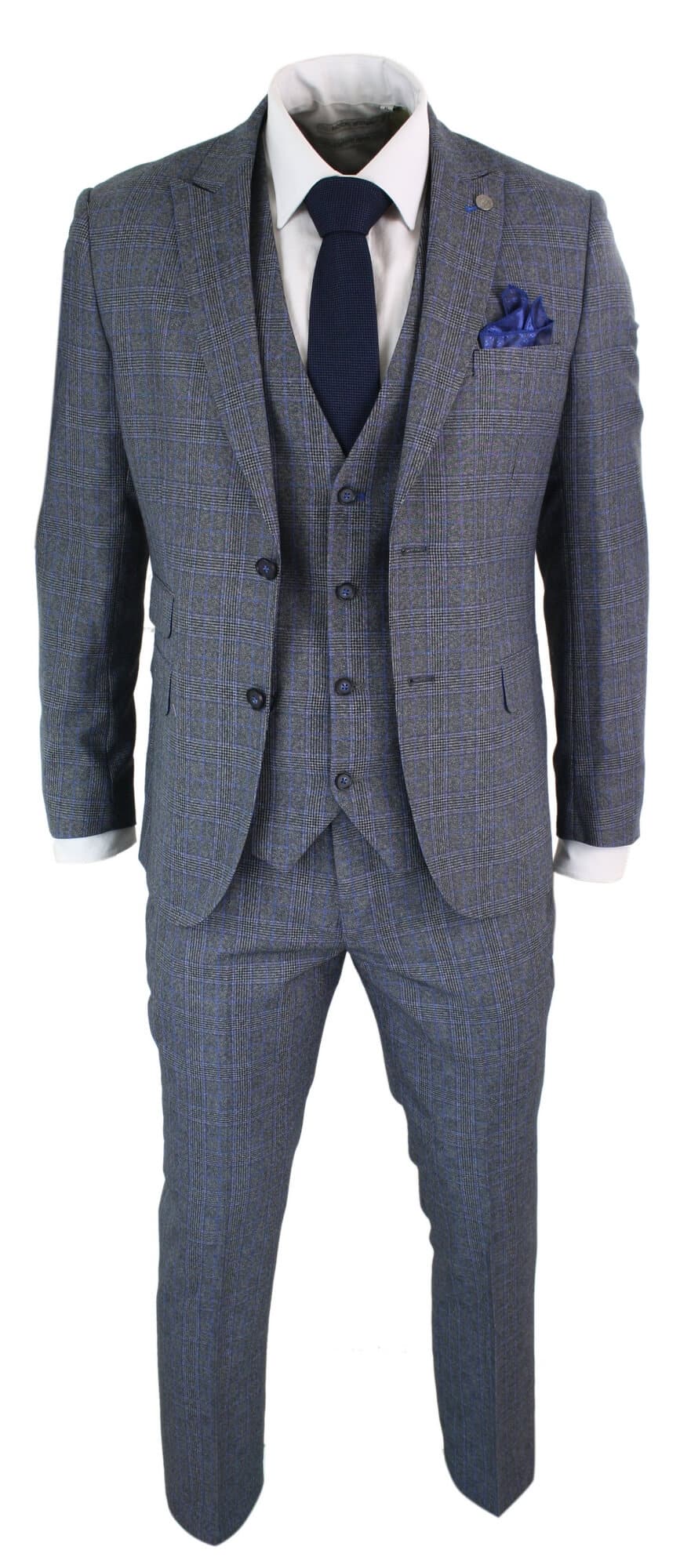 Paul Andrew Henry - Mens 3 Piece Tailored Fit Prince Of Wales Check Grey Blue Tweed Suit Vintage Retro
