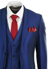 Mens 3 Piece Shiny Blue Wedding Prom Party Suit Tailored Fit Smart Formal