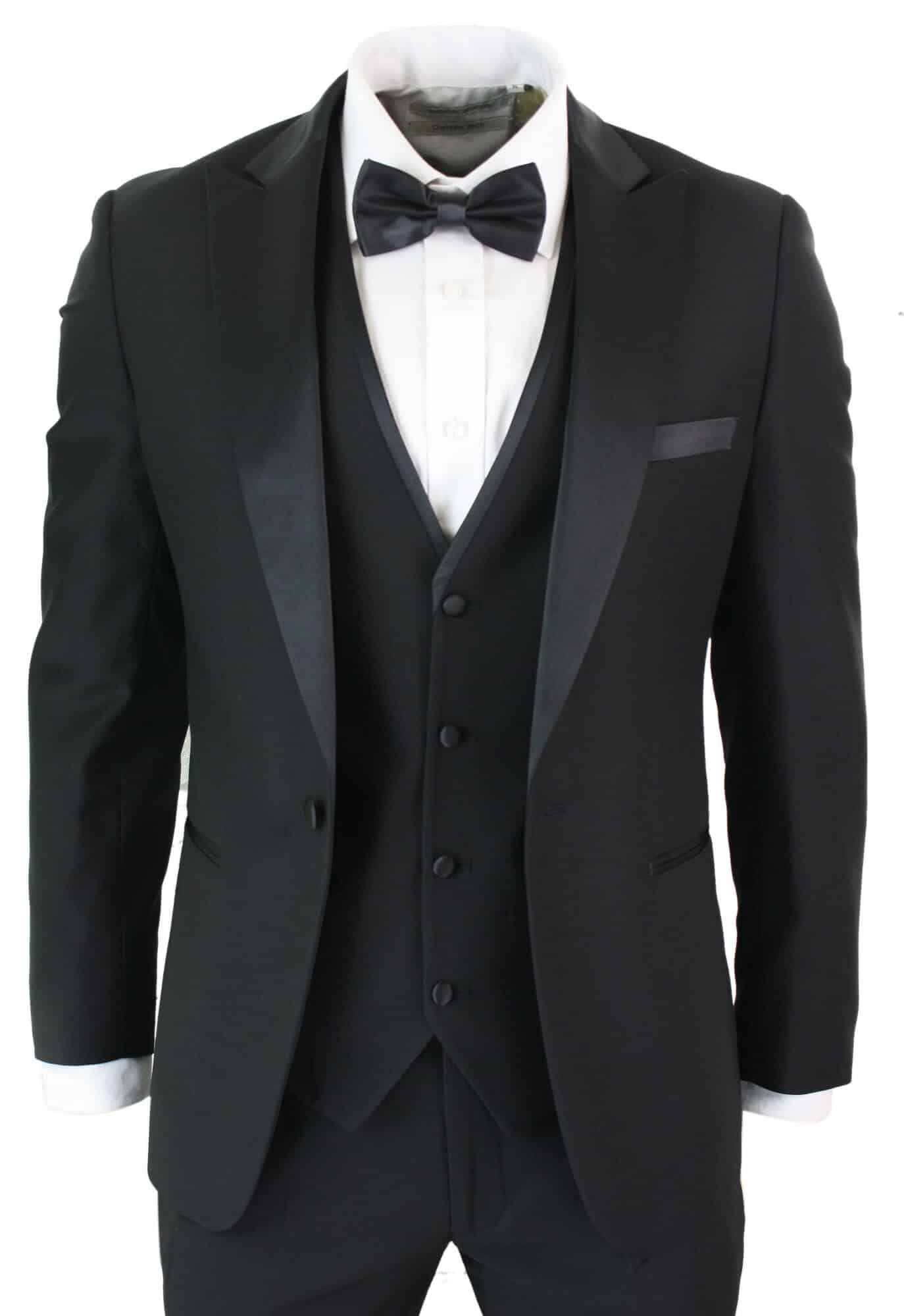 Paul Andrew Regent Black - Mens 3 Piece Black Classic Satin Tuxedo Dinner Suit Tailored Fit Wedding Prom