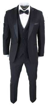 Paul Andrew Regent Black - Mens 3 Piece Black Classic Satin Tuxedo Dinner Suit Tailored Fit Wedding Prom