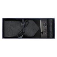 Paisley Neck Black Tie Gift Set Pocket Square Cuff Links Floral Satin