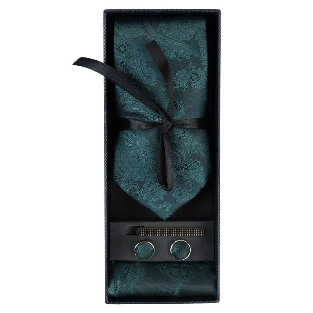 Paisley Neck Green Tie Gift Set Pocket Square Cuff Links Floral Satin