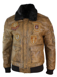 Mens Aviator Flying Pilot Bomber Jacket Vintage Tan Removable Black Fur Collar-Brown