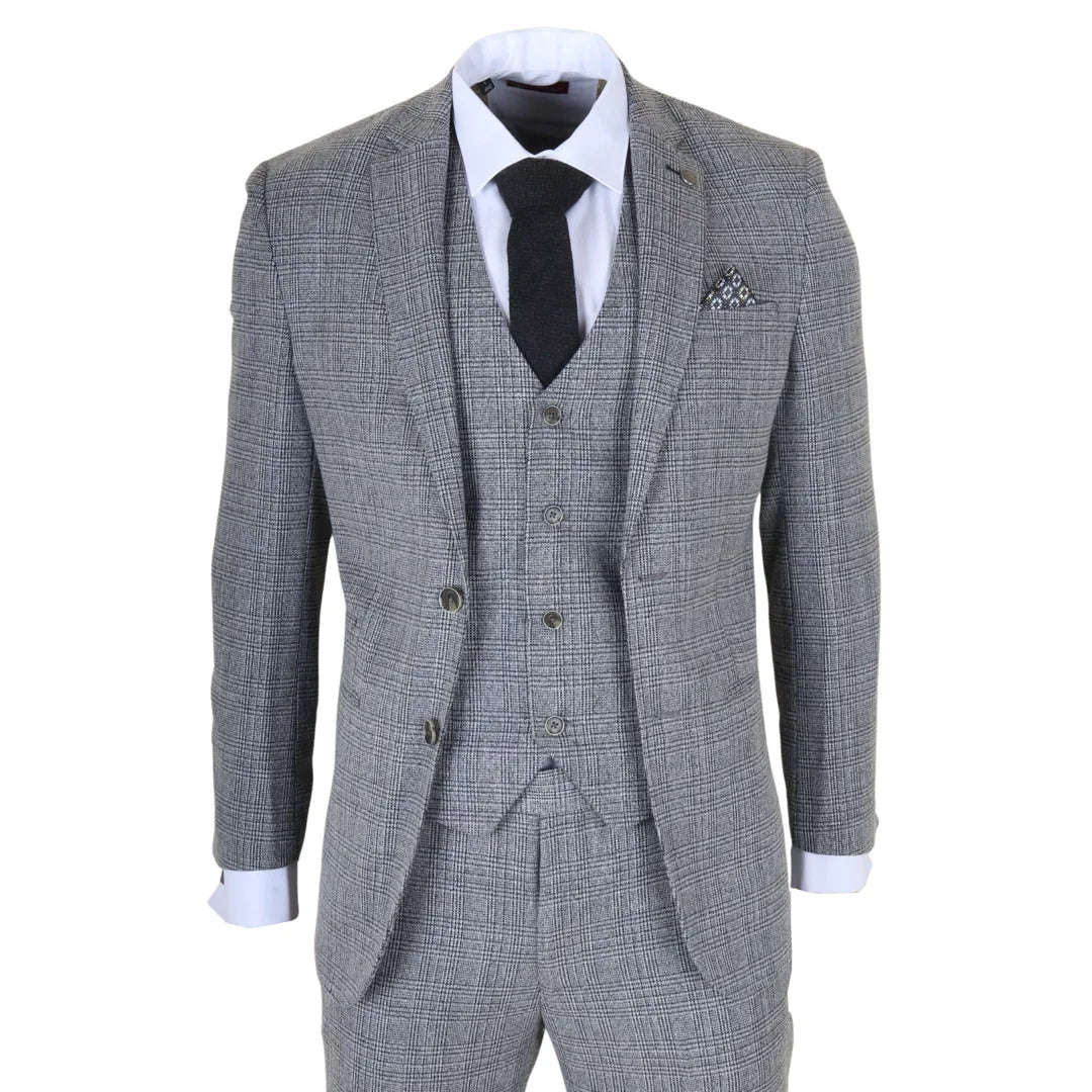 Gray checkered suit with a white shirt, black tie, and pocket square on a white background