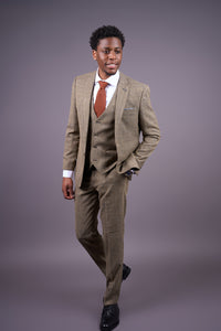 Men's Tan Brown Classic Check Slim Fit 3 Piece Suit