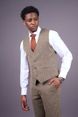 Men's Tan Brown Classic Check Slim Fit 3 Piece Suit