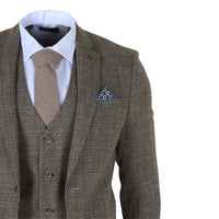 Men's Tan Brown Classic Check Slim Fit 3 Piece Suit