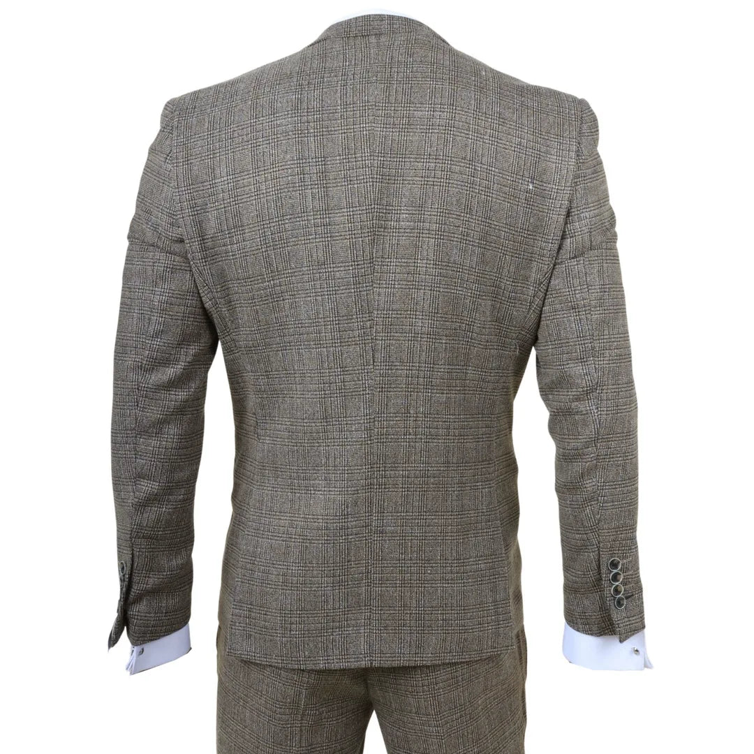 Men's Tan Brown Classic Check Slim Fit 3 Piece Suit