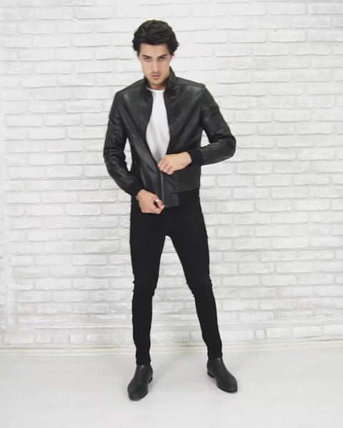 Real Lamb Leather Black Bomber Jacket for Men Regular Fit - B210