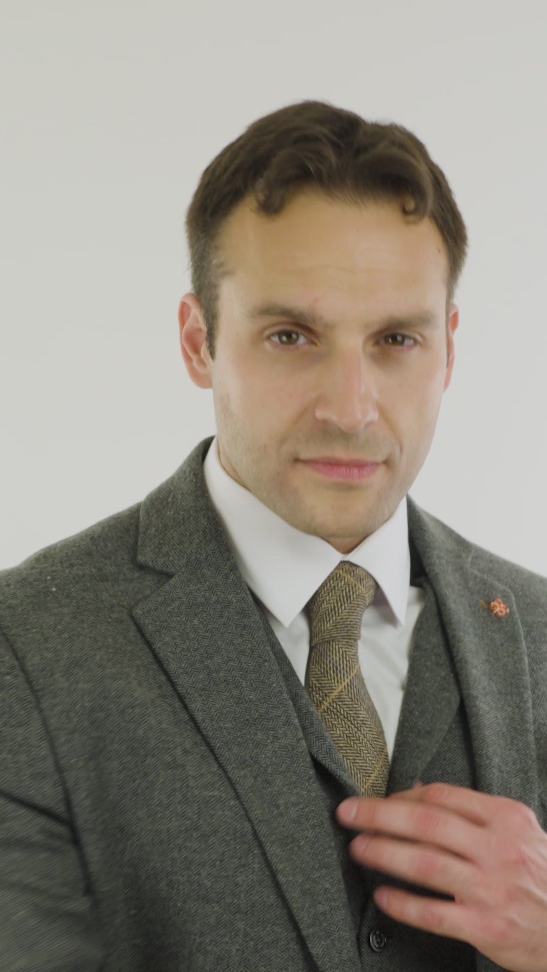 Mens Dark Grey Herringbone Tweed 3 Piece Suit