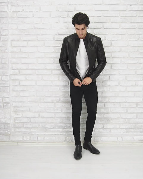 Happy Gentleman B102 - Real Leather Tailored Fit Mens Black Biker Jacket