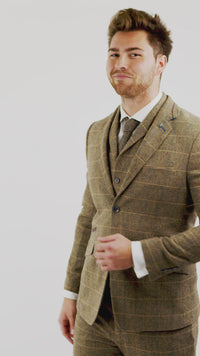 Cavani Albert - Men's Herringbone Tweed Check 3 Piece Suit - Tan Brown