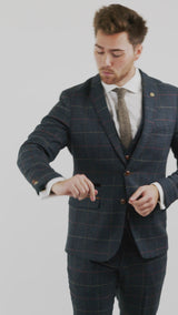 Mens Navy Blue Wine Check Herringbone Tweed Vintage 3 Piece New Marc Darcy Suit