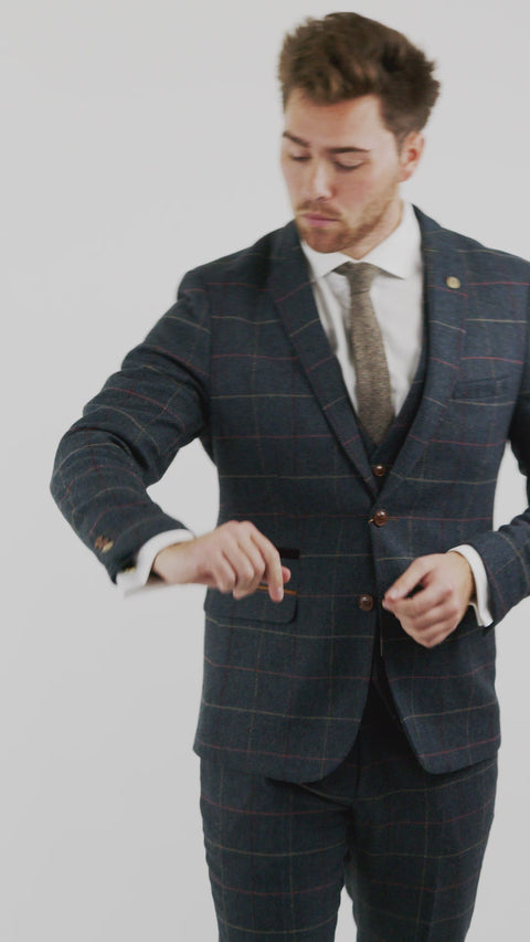 Mens Navy Blue Wine Check Herringbone Tweed Vintage 3 Piece New Marc Darcy Suit