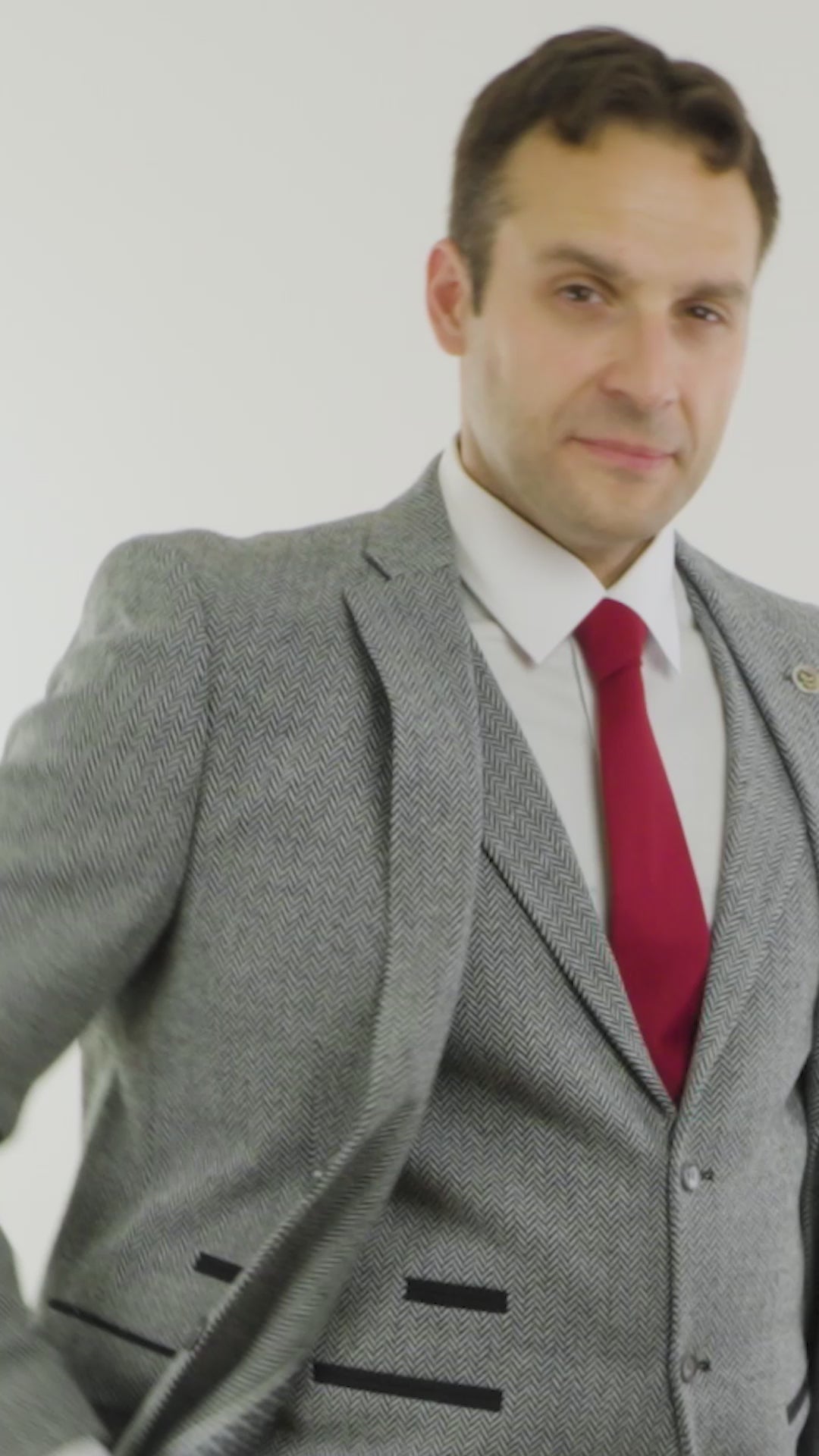 Men's Light Grey 3 Piece Tweed Herringbone Suit - STZ11