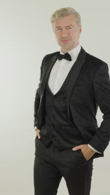 Mens Marc Darcy Velvet Paisley Black Fit 3 Piece Suit Tuxedo Dinner Jacket Wedding