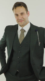 Mens 3 Piece Check Suit Tweed Olive Green Tailored Fit Wedding Peaky Classic