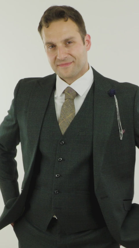 Mens 3 Piece Check Suit Tweed Olive Green Tailored Fit Wedding Peaky Classic