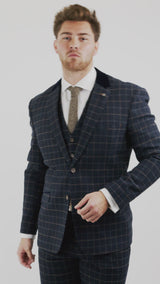 Cavani Shelby - Mens Navy Blue 3 Piece Herringbone Check Suit Vintage Retro Peaky Blinders Tweed