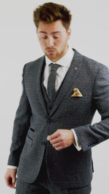 Mens 3 Piece Tweed Check Suit - Navy Blue