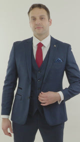 Mens Navy Blue 3 Piece Suit Birdseye Suit Wedding Prom Formal Smart Classic