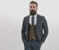 Happy Gentleman GRAZIE Navy Blue Wool 3 Piece Suit with a Contrasting Brown Waistcoat