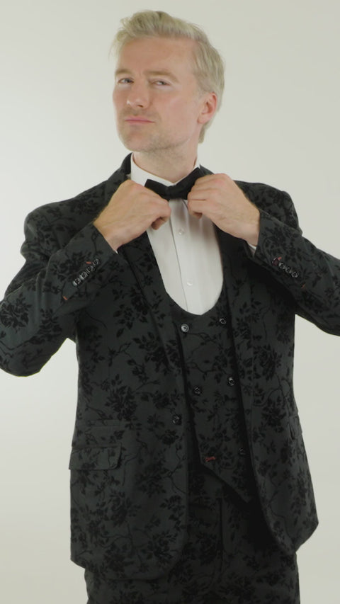 Mens Black 3 Piece Paisley Velvet Suit