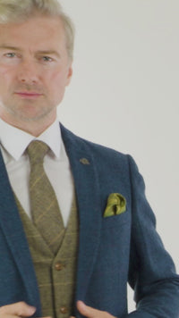 Marc Darcy Dion - Mens Blue Tan Brown 3 Piece Herringbone Tweed Check Vintage Tailored Fit Suit