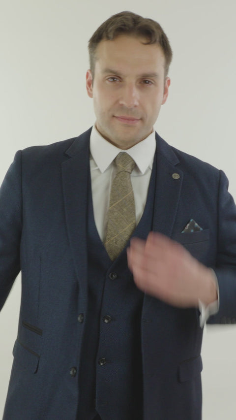 Mens Tailored Fit 3 Piece Blue Black Smart Formal Designer Suit Wedding Party