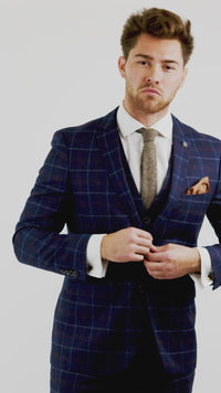 Mens Navy-Blue Check 3 Piece Suit - Paul Andrew Kenneth