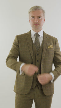 Mens 3 Piece Tweed Check Suit - Brown