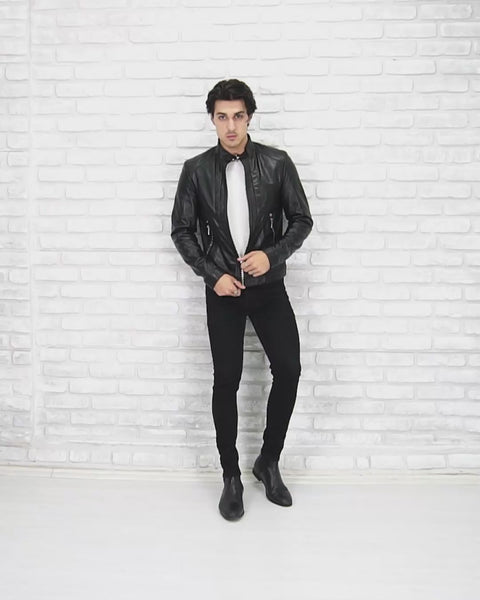 Lamb Leather Biker Jacket for Men with Four Pockets Regular Fit - B209