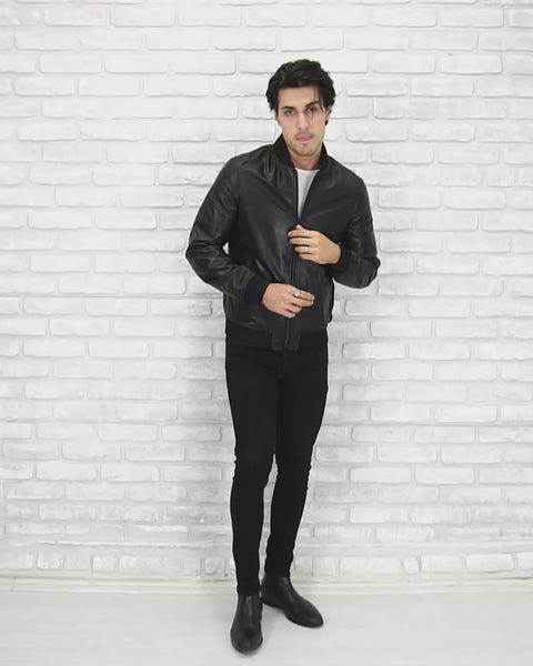 Lamb Real Leather Black Bomber Jacket for Men Regular Fit - B203