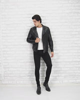 Happy Gentleman B104 - Geuine Leather Cross-Zip Brando Black Slim Fit Jacket for Men