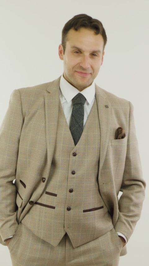 Paul Andrew Holland - Mens Check Tweed Beige Brown 3 Piece Suit Wedding Prom Vintage Retro Classic