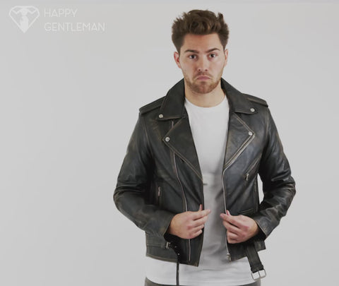 Real Leather Brando - Mens Cross-Zip Brando Real Leather Jacket-Black - Gold