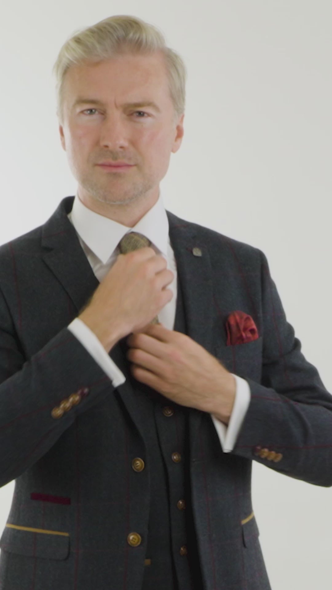 Mens Herringbone Tweed 3 Piece Navy Red Check Suit Vintage 1920s Tailored Fit