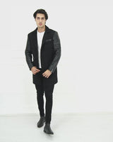 Mens Tweed Cashmere Wool Overcoat with Real Leather Sleeves Black - B213