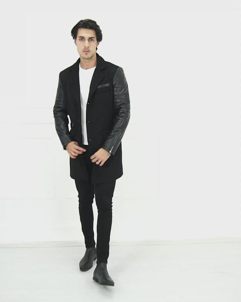 Mens Tweed Cashmere Wool Overcoat with Real Leather Sleeves Black - B213