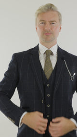 Mens Navy Check 3 Piece Suit Wool Tweed Classic 1920s Vintage Tailored Fit Wedding