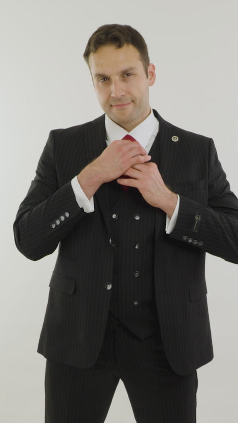 Mens  Black 3 Piece Pinstripe Suit