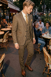 Mens 3 Piece Tweed Check Suit - Brown