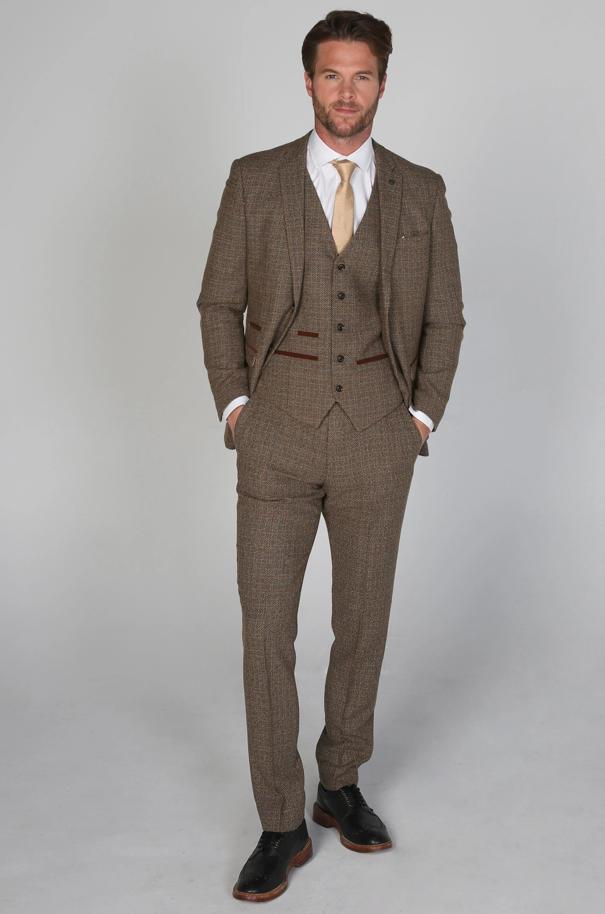 Mens 3 Piece Tweed Check Suit - Brown