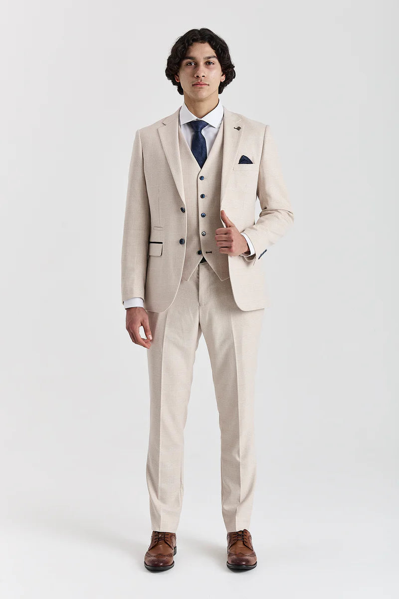 Regent - Cream 3 Piece Checked Wedding Suit for Men