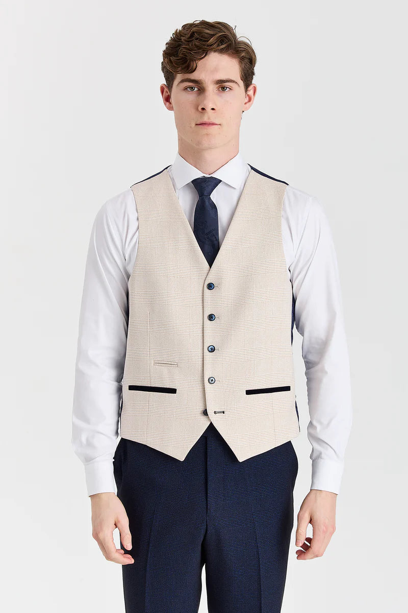 Regent Navy Check Suit with Constrasting Regent Cream Waistcoat