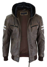 Men's Real Leather Bomber Jacket with Hood-Brown