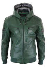 Men's Real Leather Bomber Jacket with Hood-Green
