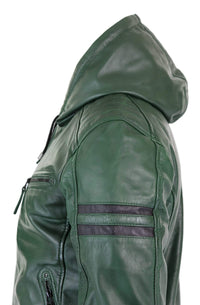 Men's Real Leather Bomber Jacket with Hood-Green