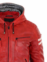 Men's Real Leather Bomber Jacket with Hood-Red